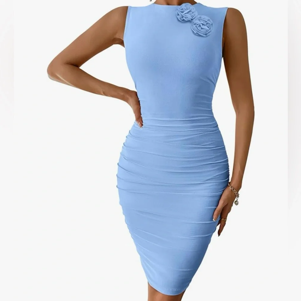 Blue One Shoulder Sleeveless Sheath Midi Dress - Picture 3 of 4